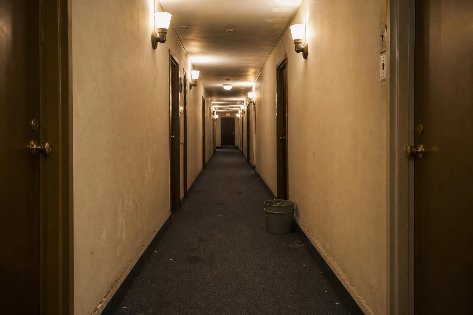 Same condo hallway before cleaning — worn carpet, scuffed walls, dim lighting